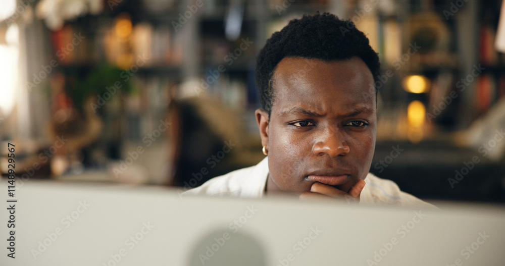 Poster student, man and thinking by computer in home for research solution, university essay and problem so