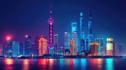 Obraz premium Stunning Night View of Shanghai Skyline with Colorful Lights Reflecting on Water, Showcasing Iconic Landmarks and Modern Architecture in a Vibrant Urban Setting
