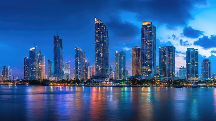 Naklejka premium Stunning skyline view of a vibrant city at twilight featuring illuminated skyscrapers, reflecting lights on the water, and a dramatic evening sky filled with clouds.