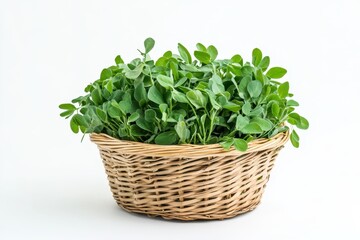 Naklejka premium Freshly harvested fenugreek leaves for masala curry in a basket on a white background