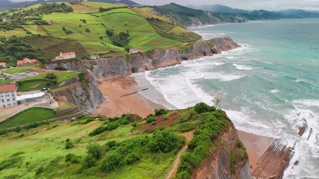 Aerial view of the beautiful Itzurun beach, Zumaia town, Basque country, Spain