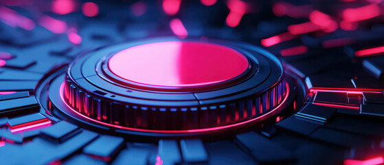 Futuristic 3D design featuring vibrant red circular element surrounded by intricate geometric patterns and glowing accents