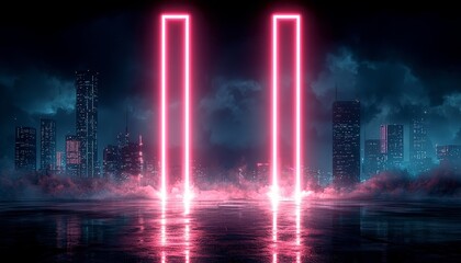 Neon Pink Gateway Over Futuristic Cityscape at Night