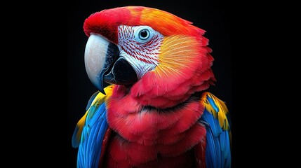 Obraz premium A colorful parrot on a black background with red, yellow, and blue feathers