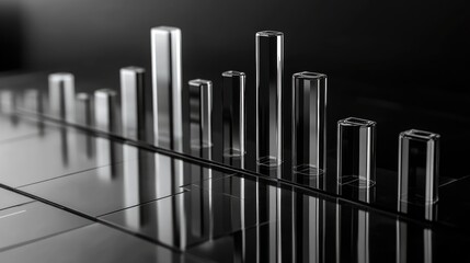 Obraz premium Transparent modern glass bar graph on a dark reflective surface, symbolizing data analysis, growth, and financial performance in a professional setting