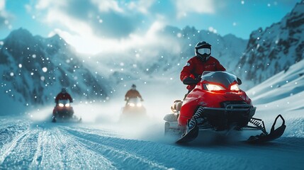 Snowmobiles speeding through snowy mountain trails