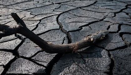 charred tree branch on burned cracked floor aftermath of fire