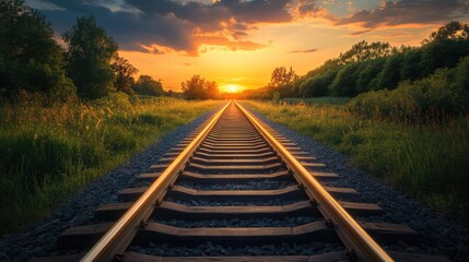 Serene Sunset Over Tranquil Railway Tracks Surrounded by Lush Greenery and Vibrant Sky, Perfect for Nature and Travel Enthusiasts Capturing Scenic Beauty