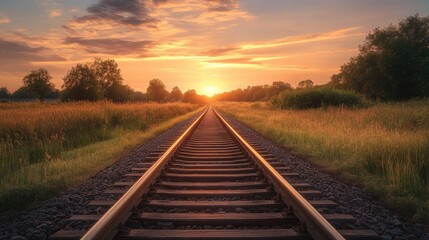 Obraz premium Serene Sunset Over a Train Track Stretching into the Horizon Surrounded by Lush Greenery and Golden Fields Under a Warm Colorful Sky