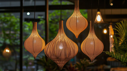  "Harmonious Glow: A Group of Four Lighted Lamps Hanging from the Ceiling"

