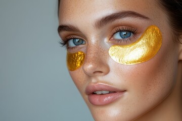 Gold hydrogel patches on a woman s under eye skin for lifting and wrinkle reduction High resolution