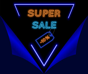 Super promotion with 10% discounts. neon style. in blue and orange. special offer.Vector illustration