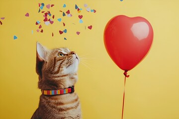 A tabby cat in a multi-colored collar sits against a yellow wall next to a red heart-shaped ball. And looks at the colorful candy