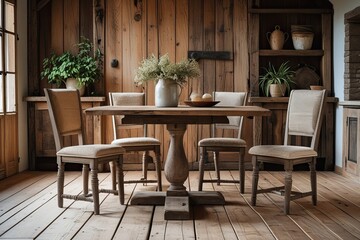 Fototapeta premium Rustic Indoor Furniture Featuring Chairs and Tables Against Natural Wood Backdrop