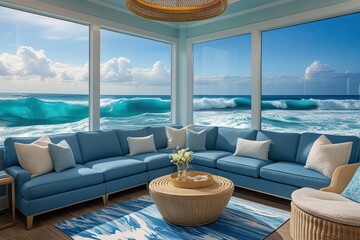 Fototapeta premium Corner Lounge with Ocean Blue Waves and Ample Daylight for a Serene Relaxation Space
