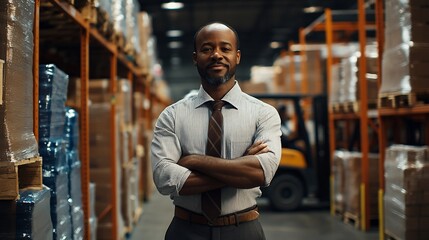 A confident man in a warehouse setting, showcasing leadership in logistics.
