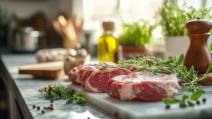 Fresh Cuts of Meat on a Marble Countertop Surrounded by Herbs and Olive Oil in a Bright Kitchen Setting for Culinary Inspiration and Cooking Ideas