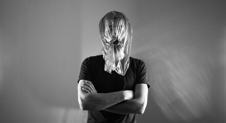 Man with Wrapped in Plastic Wrap