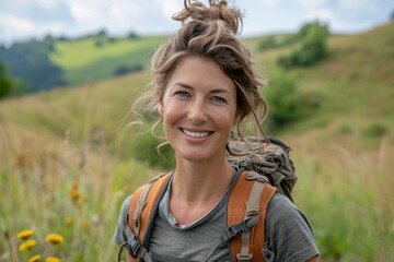 A cheerful woman stands in a vibrant green field, equipped with a backpack, taking a moment to enjoy the beautiful scenery. The sun shines down on the rolling hills around her