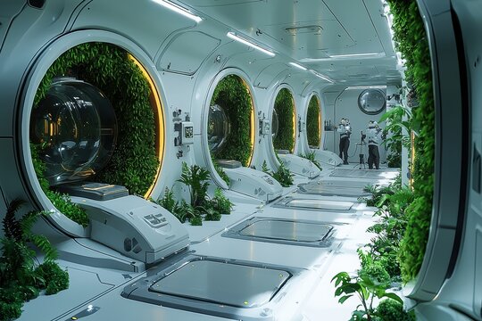Futuristic green ecolab with glowing bioreactors advanced facility scientific environment technology concept