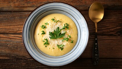 italian stracciatella egg drop soup with parmesan cheese and parsley in bowl on rustic wooden background