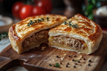 Half of a baked meat pie on a wooden board