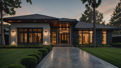 A contemporary, single-story house with a dark gray roof and light-colored exterior walls is illuminated at dusk. The house features large windows, a paved walkway, and landscaping.