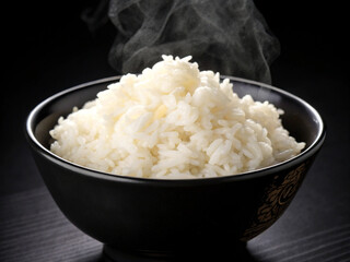 A bowl of freshly steamed white rice in a black bowl, ideal for various culinary presentations. Isolated on transparent background