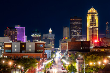 Des Moines, Iowa skyline by night along Locust street. Des Moines is the capital and most populous...