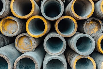 Hardware store pipes for construction stacked concrete and cement patterned backdrop asbestos irrigation pipes