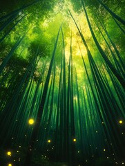 Enchanted Bamboo Forest: A captivating view of a lush bamboo grove, bathed in the ethereal glow of fireflies, creating a magical and enchanting atmosphere.