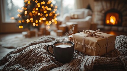  A blanket with a cup of coffee and Christmas tree lit in the backdrop
