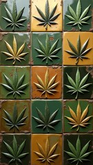 Cannabis mosaic pattern with diverse leaf designs in earthy greens, browns, and gold. Alternating glossy and matte tiles create texture and visual depth