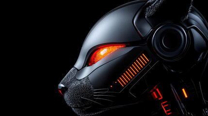 close up of sleek robotic cat with glowing eyes, showcasing advanced technology and design