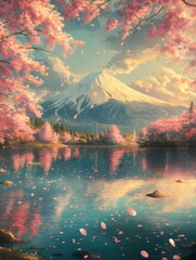 Serene Beauty of Spring: A tranquil scene of a majestic mountain with a serene lake reflecting the beauty of nature. Pink cherry blossoms add a delicate touch to the landscape.