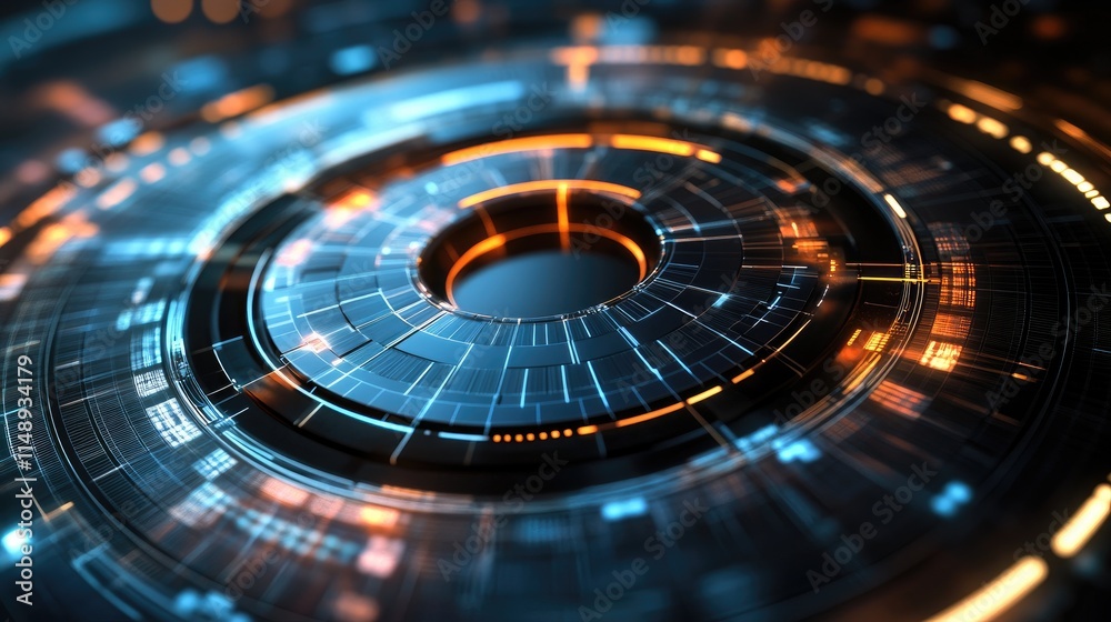 Poster abstract futuristic technology design with glowing circular patterns and vibrant lines, showcasing d