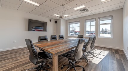 A Modern Conference Room Featuring a Wooden Table, Leather Chairs, and Large Windows Offering Natural Light in a Professional Office Space