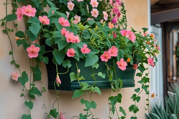 Fototapeta premium Wall-Mounted Planter Showcasing Flowering Vines for a Beautiful Natural Display
