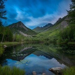 A photo of a serene landscape with a calm lake reflecting the surrounding mountains and trees. The sky is a deep blue with a few clouds. The mountains are covered with lush greenery.