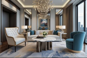 Fototapeta premium Luxury Urban Penthouse Living Room 3D Rendering with Designer Chair and Marble Coffee Table