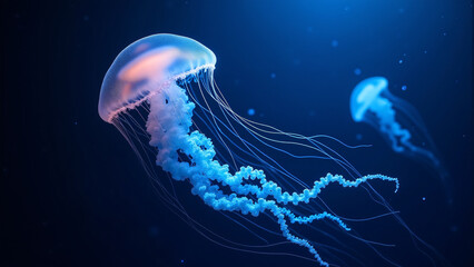 Naklejka premium Jellyfish floating in dark blue water.