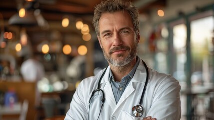 Fototapeta premium Portrait of a Confident Middle-Aged Male Doctor in a Relaxed Urban Cafe Setting, Expressing Professionalism and Approachability, With Stethoscope and Warm Ambient Lighting