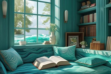 Cozy Turquoise Reading Nook with Gentle Window Light for Serene Displays