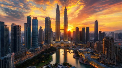 Fototapeta premium Stunning Aerial View of Kuala Lumpur City Skyline at Sunset with Majestic Twin Towers and Vibrant Clouds Reflecting in the Water Below