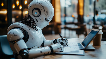 Fototapeta premium A humanoid robot diligently writes notes while seated at a contemporary cafe table. The setting is filled with warm lighting and a relaxed atmosphere on a busy afternoon. Generative AI