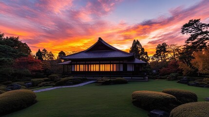 Fototapeta premium Serene Japanese Garden at Sunset with Vibrant Clouds and Tranquil Reflections in the Pavilion Window, Capturing Nature's Beauty and Peaceful Atmosphere