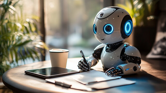 A humanoid robot diligently writes notes while seated at a contemporary cafe table. The setting is filled with warm lighting and a relaxed atmosphere on a busy afternoon. Generative AI