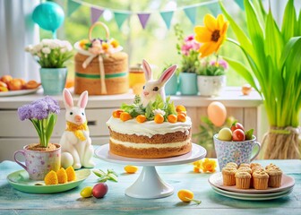 Obraz premium Delicious Easter Carrot Cake with Bunny Decorations on Festive Spring Table