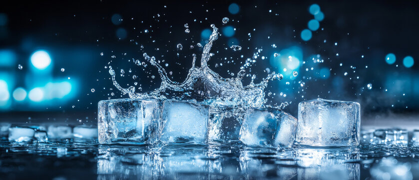 captivating moment of ice cubes splashing in water, creating dynamic droplets and ripples