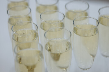 Champagne wine into wine glasses. Champagne flutes on a wedding reception or on celebration party 